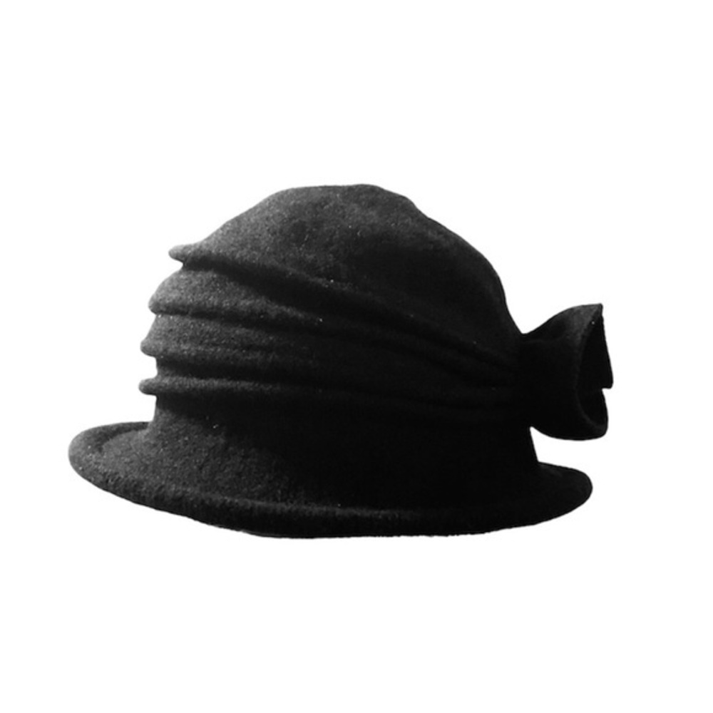 Fiebig Women's Soft 💯 % Wool‎ Cloche Black Hat With Side Flower